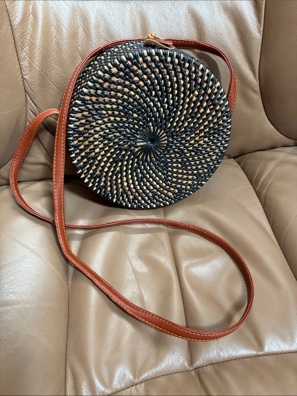 Woven Round Crossbody Bag with Brown Leather Strap
